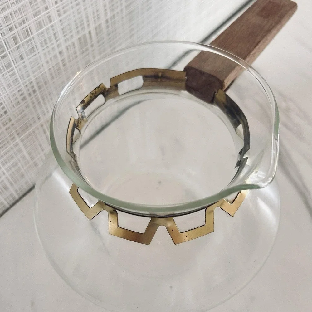 Vintage Inland MCM Clear Glass Coffee Carafe No Stopper Gold Metal Band‎ Barware